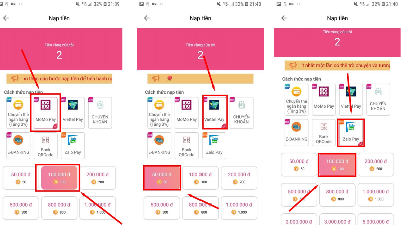 nạp tiền Momo/Zalo/Viettel Pay